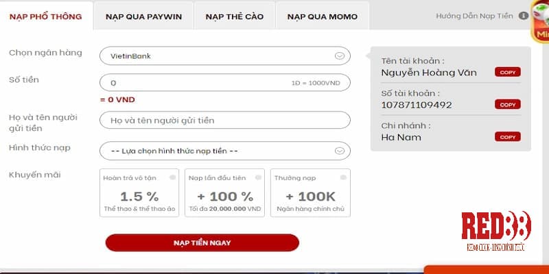 Các bước nạp tiền phổ thông tại nhà cái Red88 